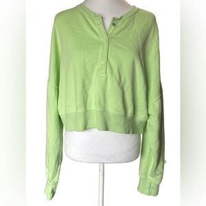 Aerie Light Green Half Button-Up Cropped Sweatshirt Large